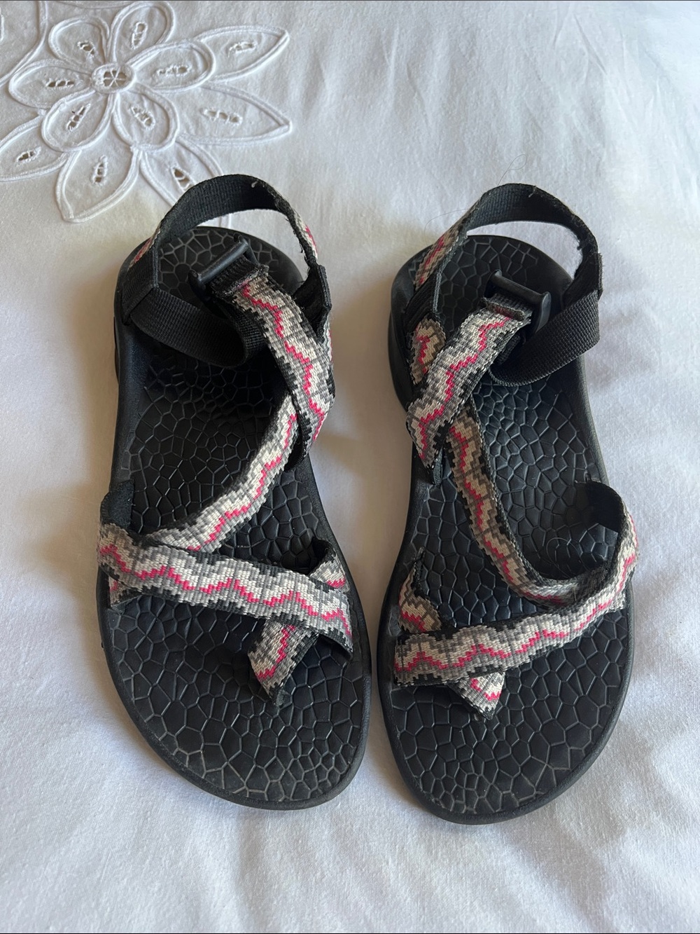 Chaco Women's Black Sandals with Pink & Cream Patterned Straps